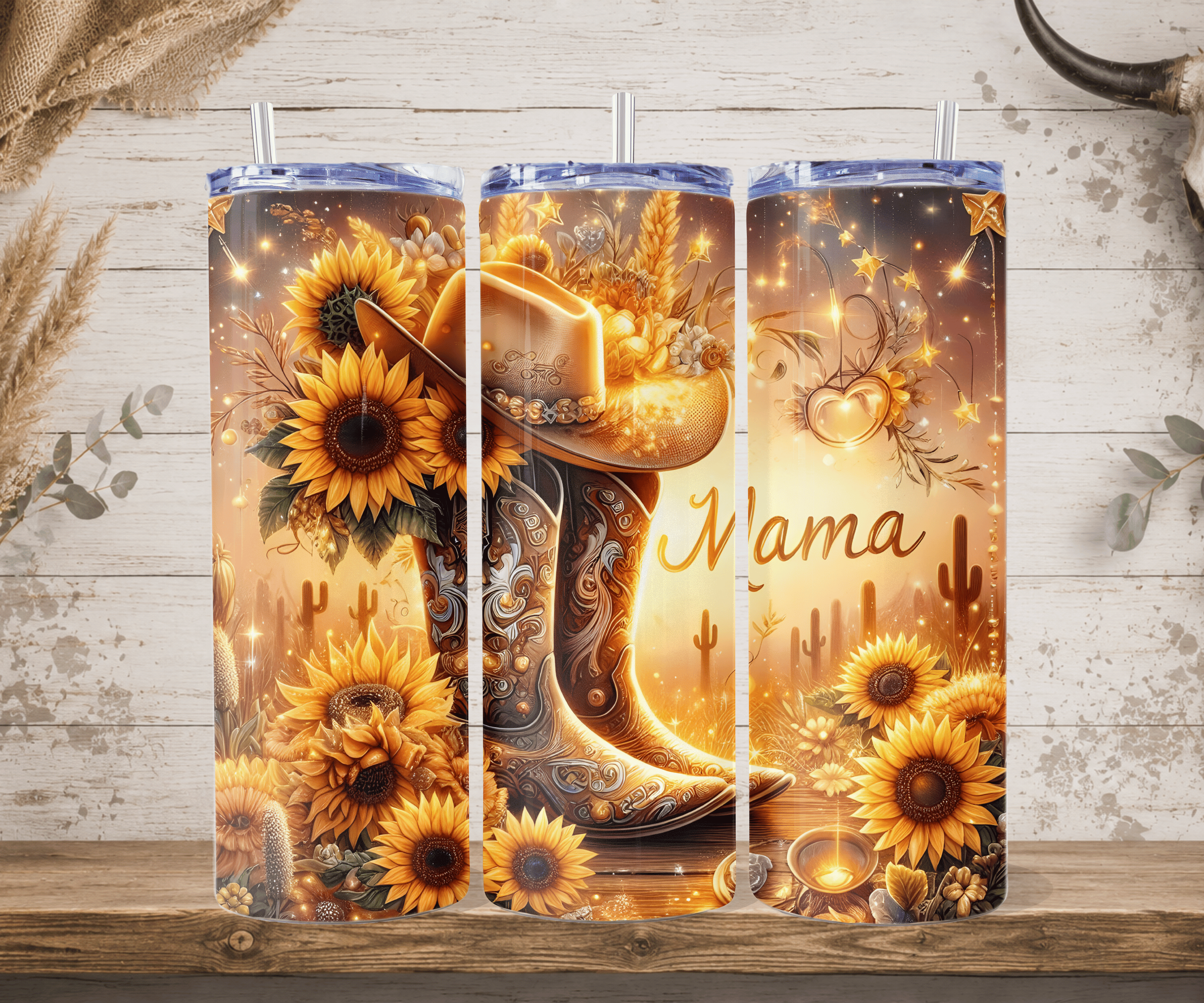 Sunflower cowboy boot mama tumbler golden western design straw mockup