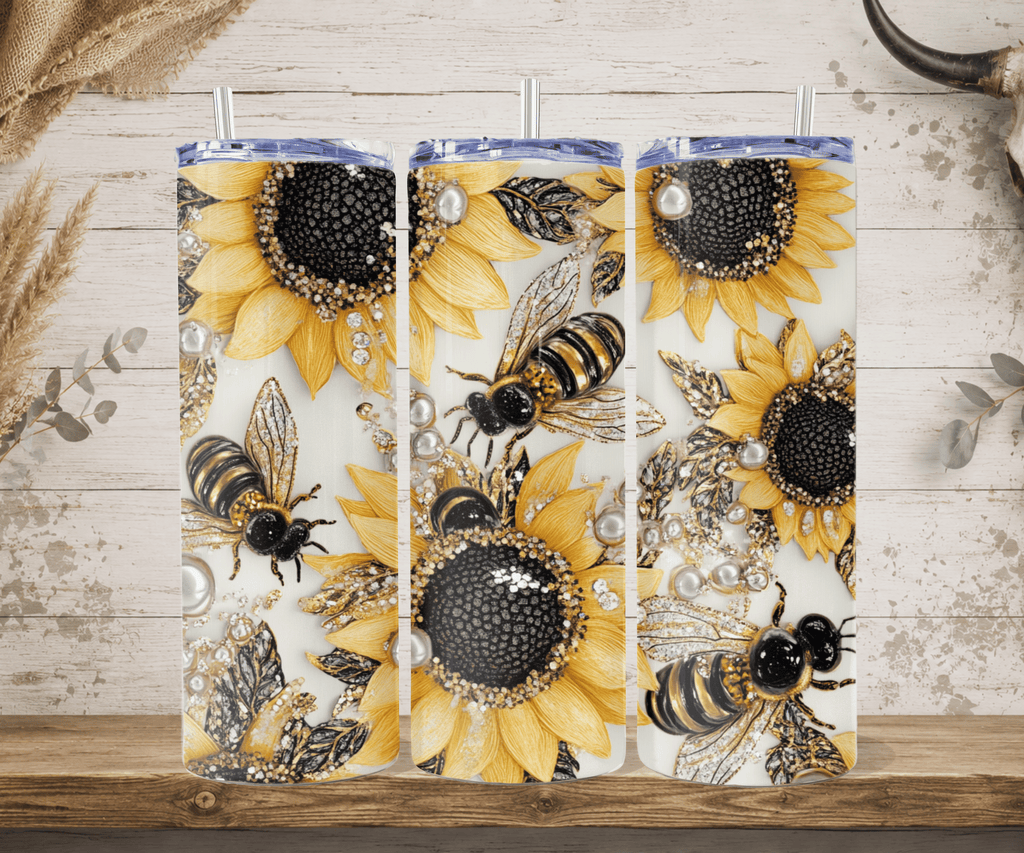 Sunflower bee tumbler gold glitter pearl design straw mockup