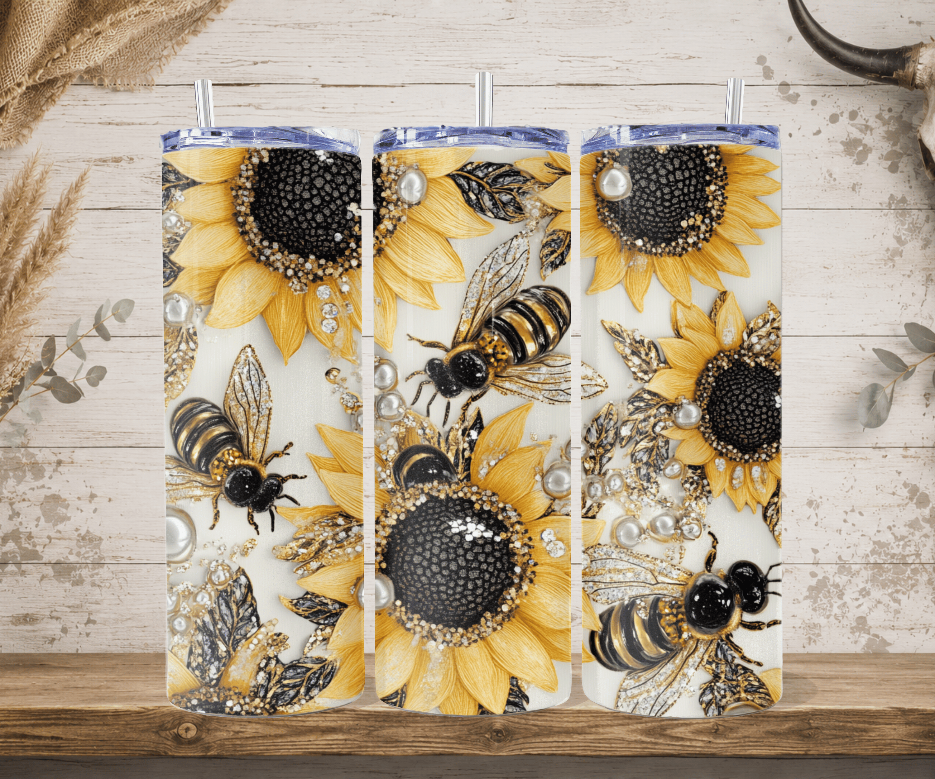 Sunflower bee tumbler gold glitter pearl design straw mockup