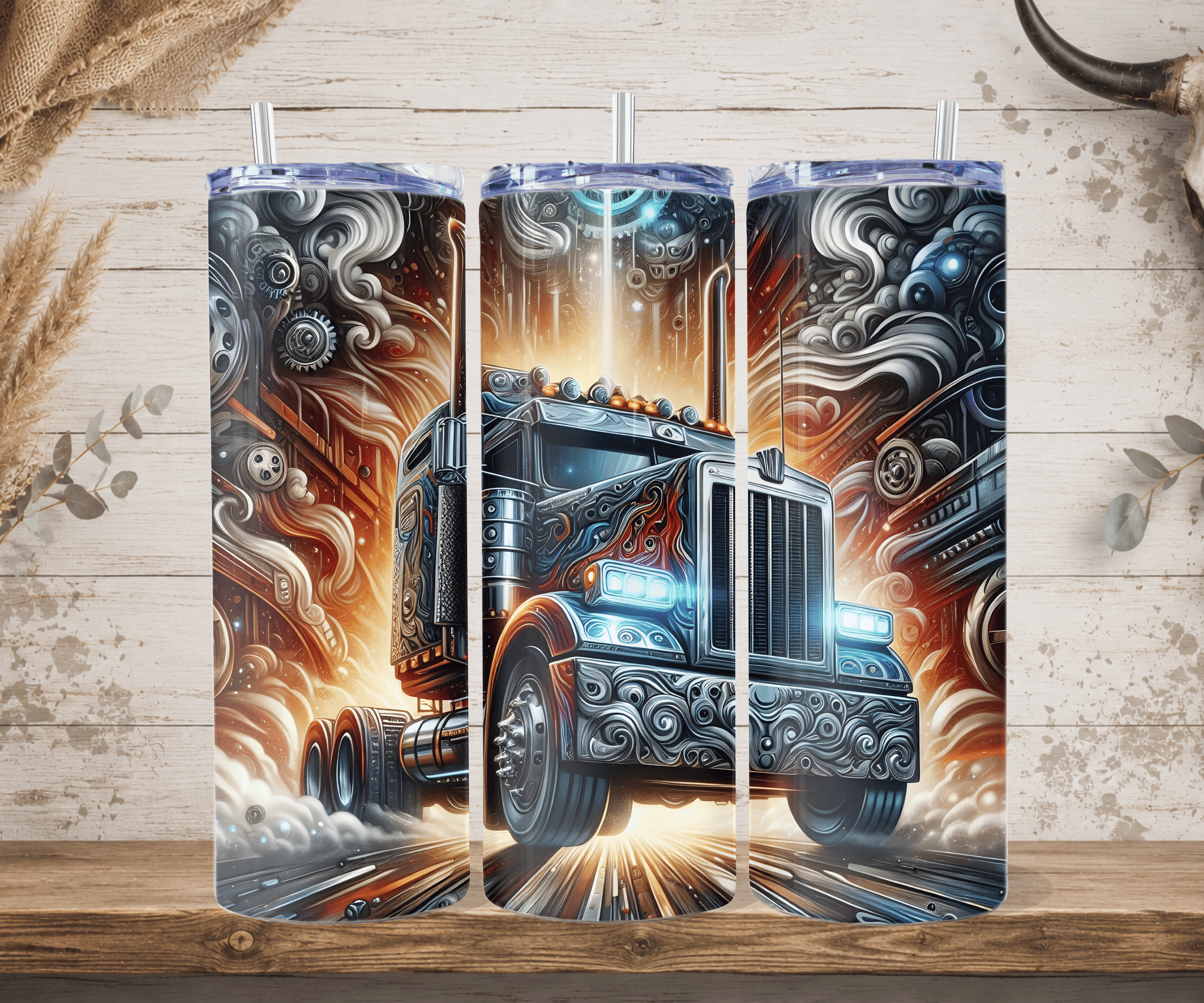 Semi truck tumbler chrome flame big rig design straw mockup