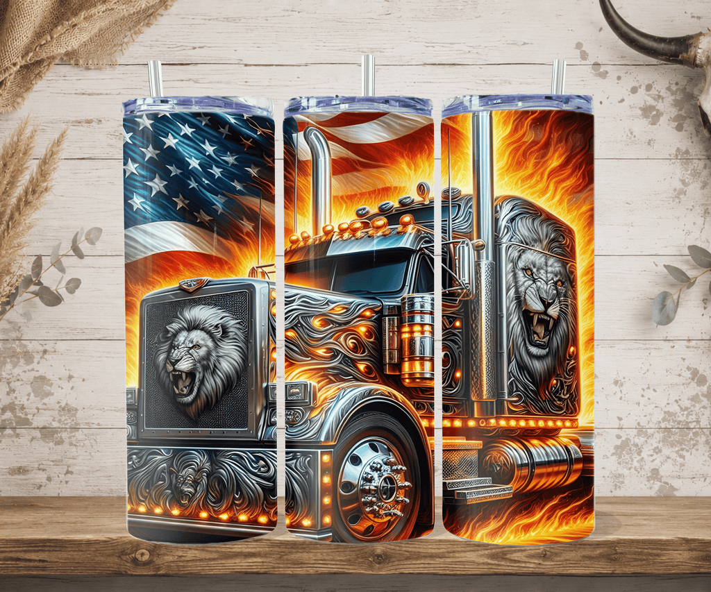 Patriotic semi truck lion tumbler American flag flame design straw mockup