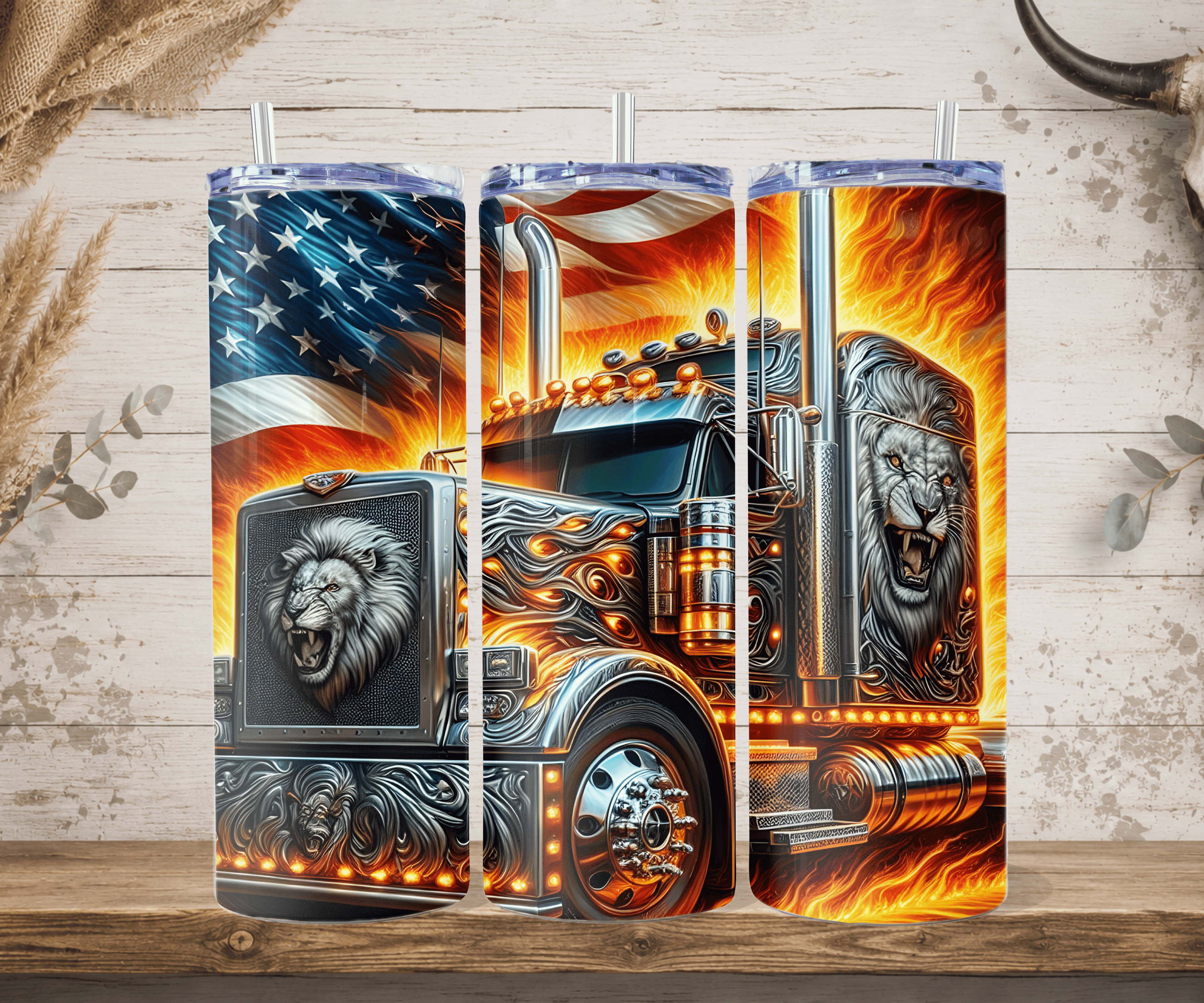 Patriotic semi truck lion tumbler American flag flame design straw mockup