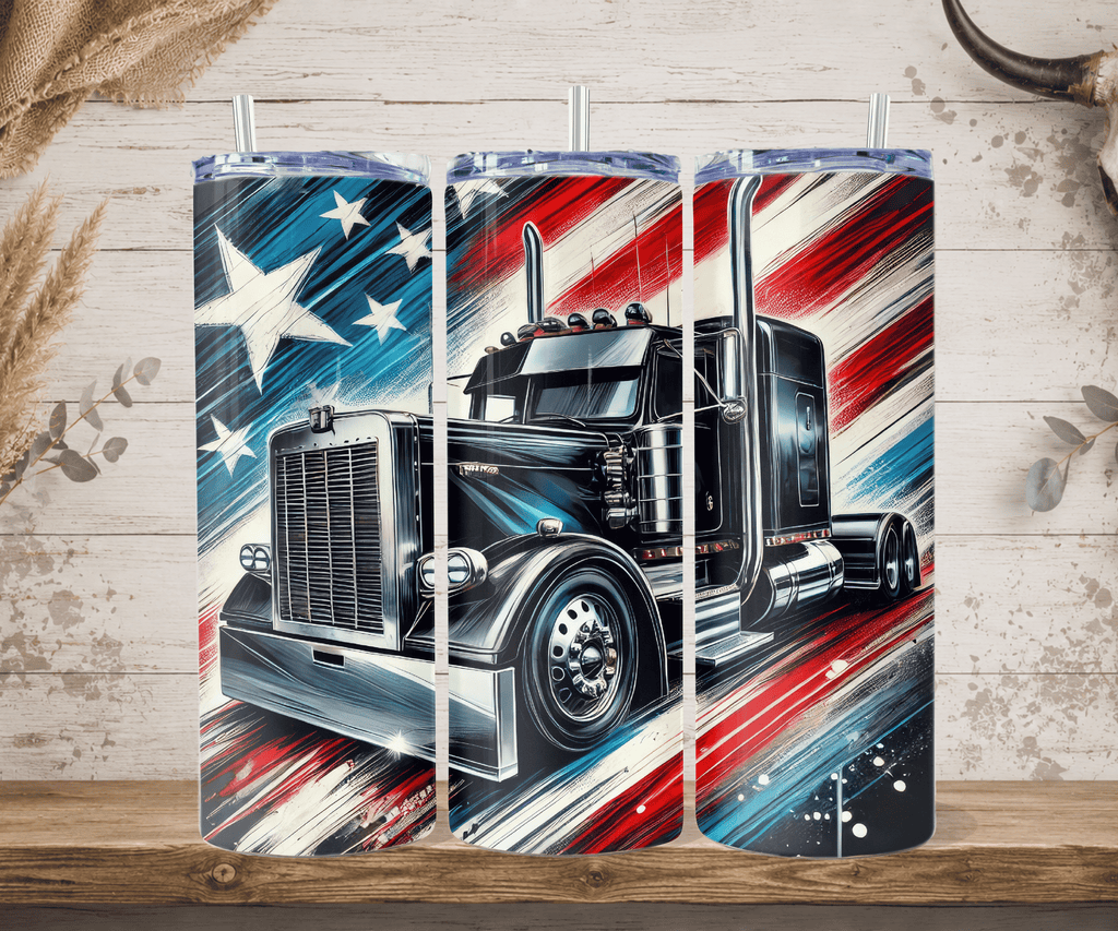 American flag semi truck tumbler black big rig patriotic design straw mockup