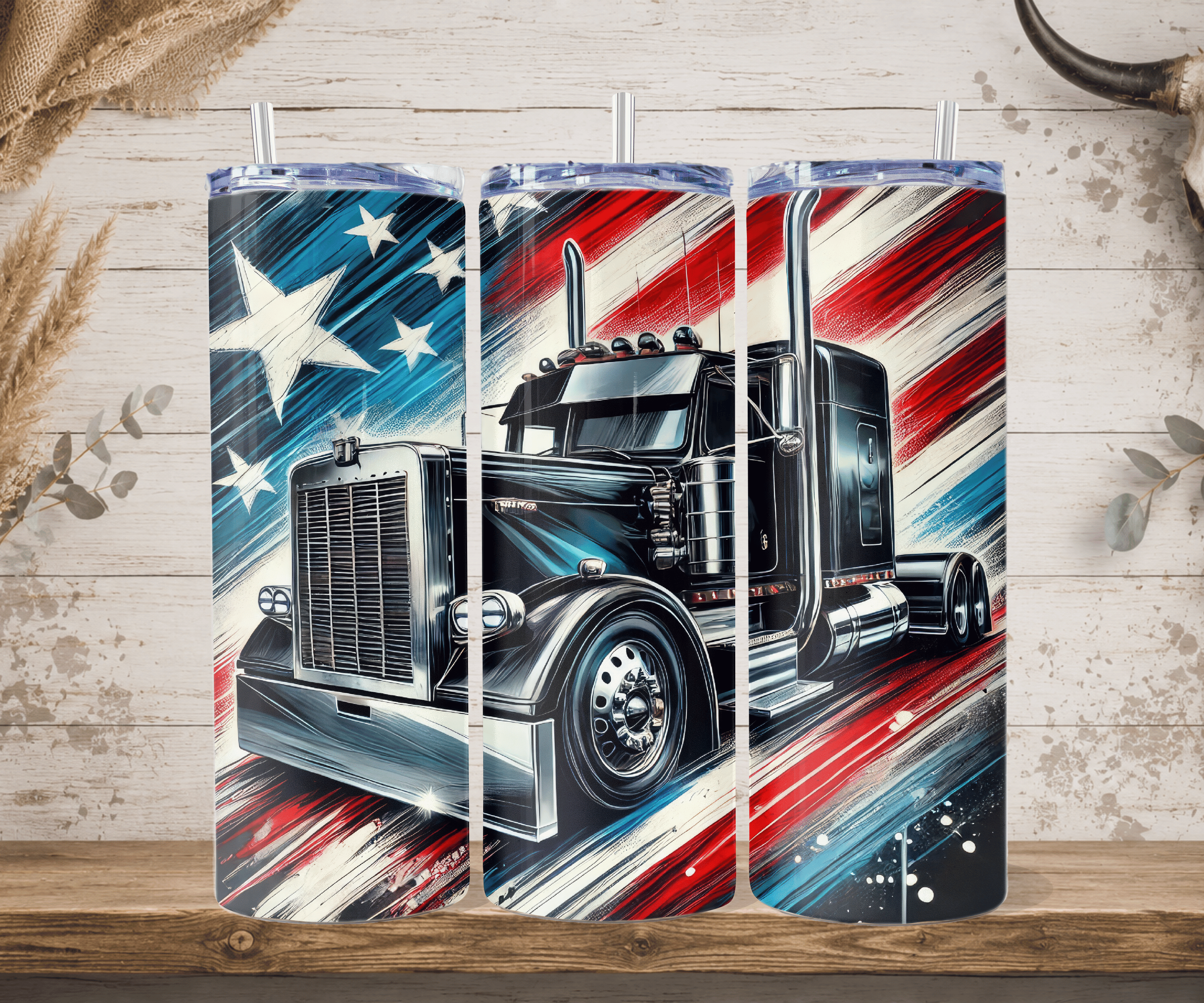 American flag semi truck tumbler black big rig patriotic design straw mockup