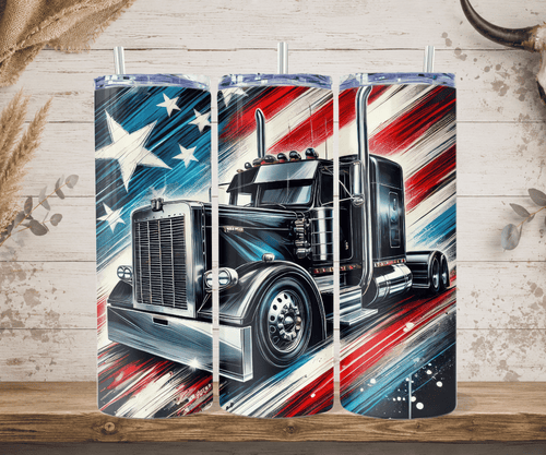 American flag semi truck tumbler black big rig patriotic design straw mockup
