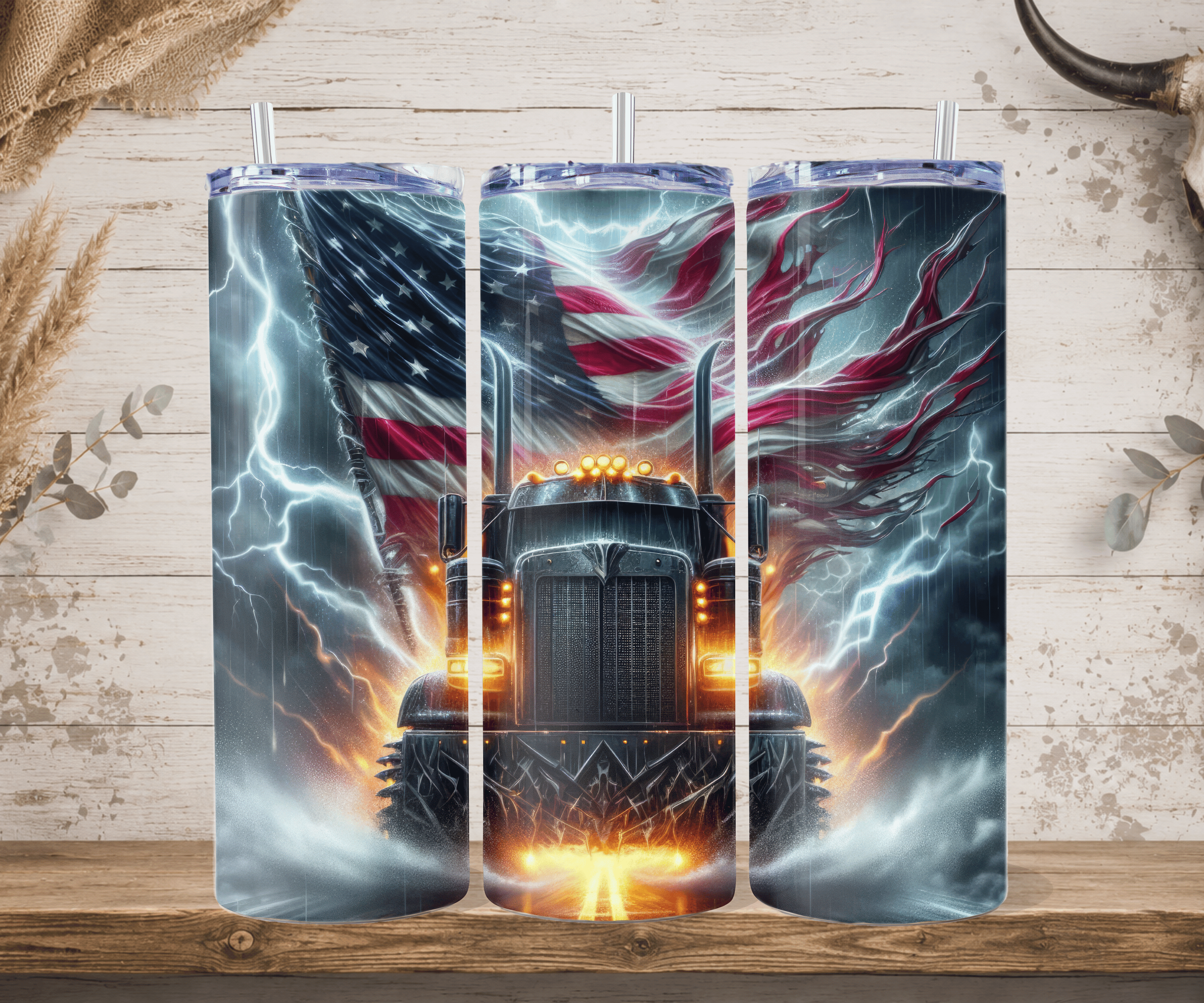 Lightning storm semi truck tumbler American flag big rig design straw mockup