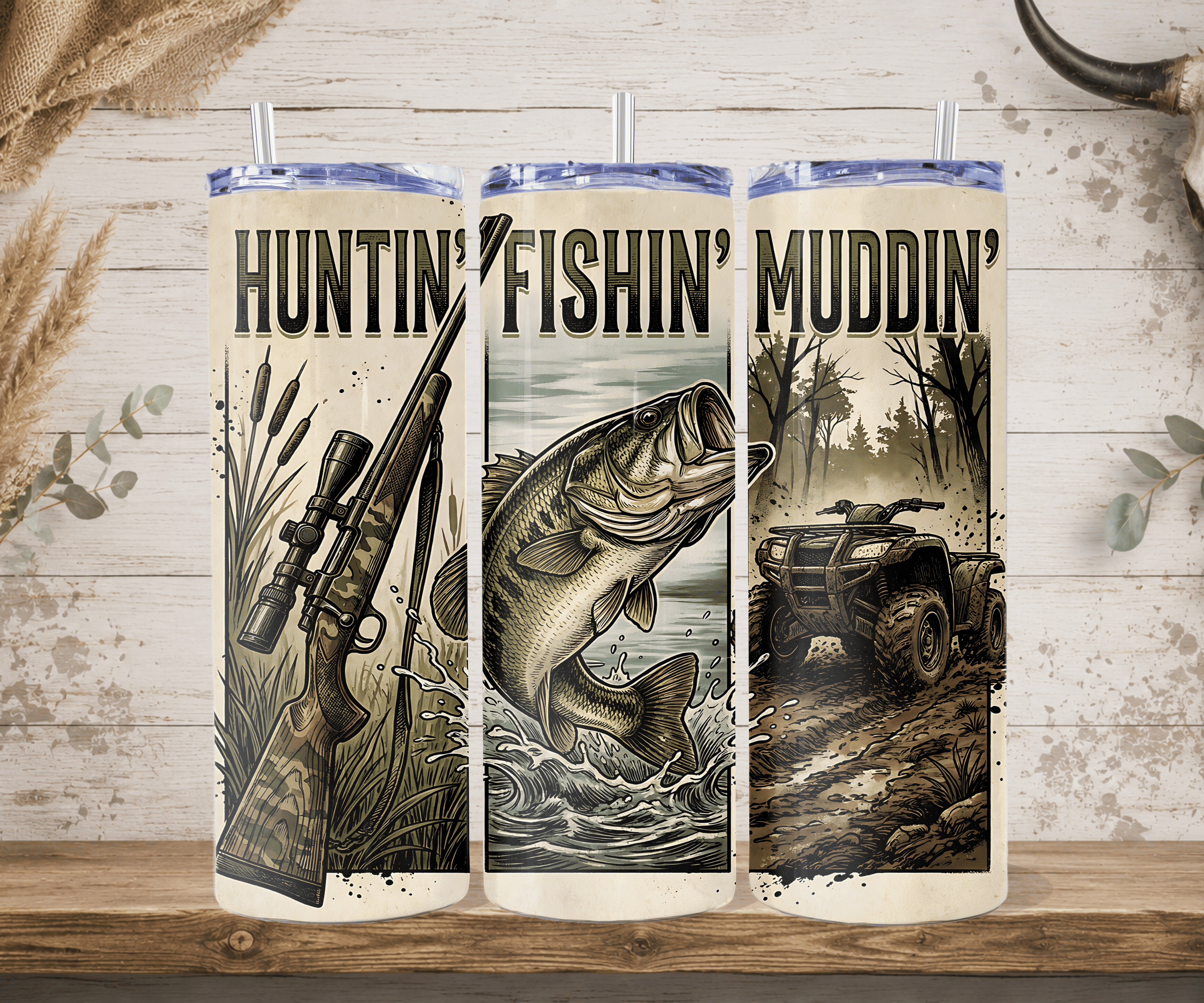 Huntin fishin muddin tumbler outdoor trifecta design straw mockup