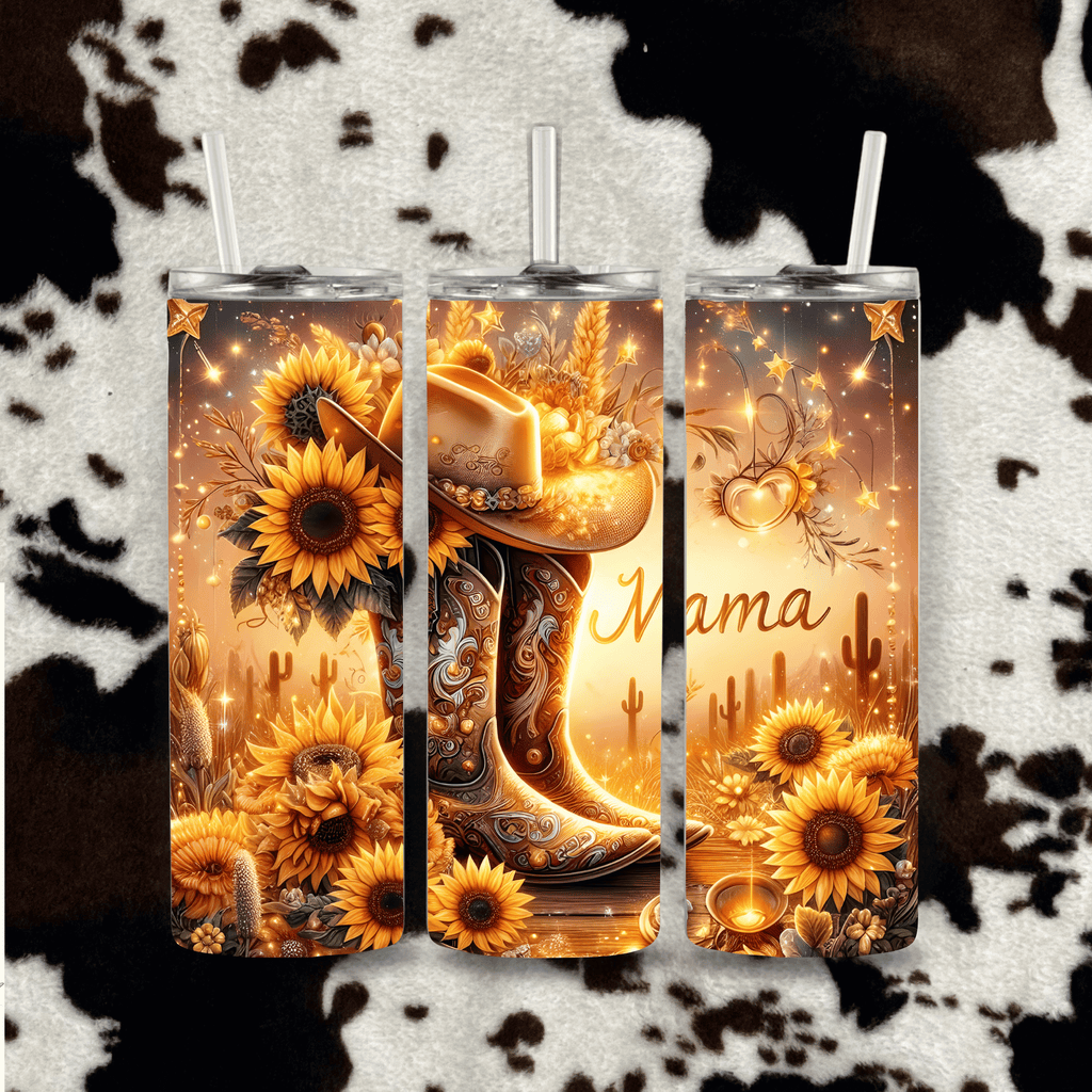 Sunflower cowboy boot mama tumbler golden western design cowhide mockup