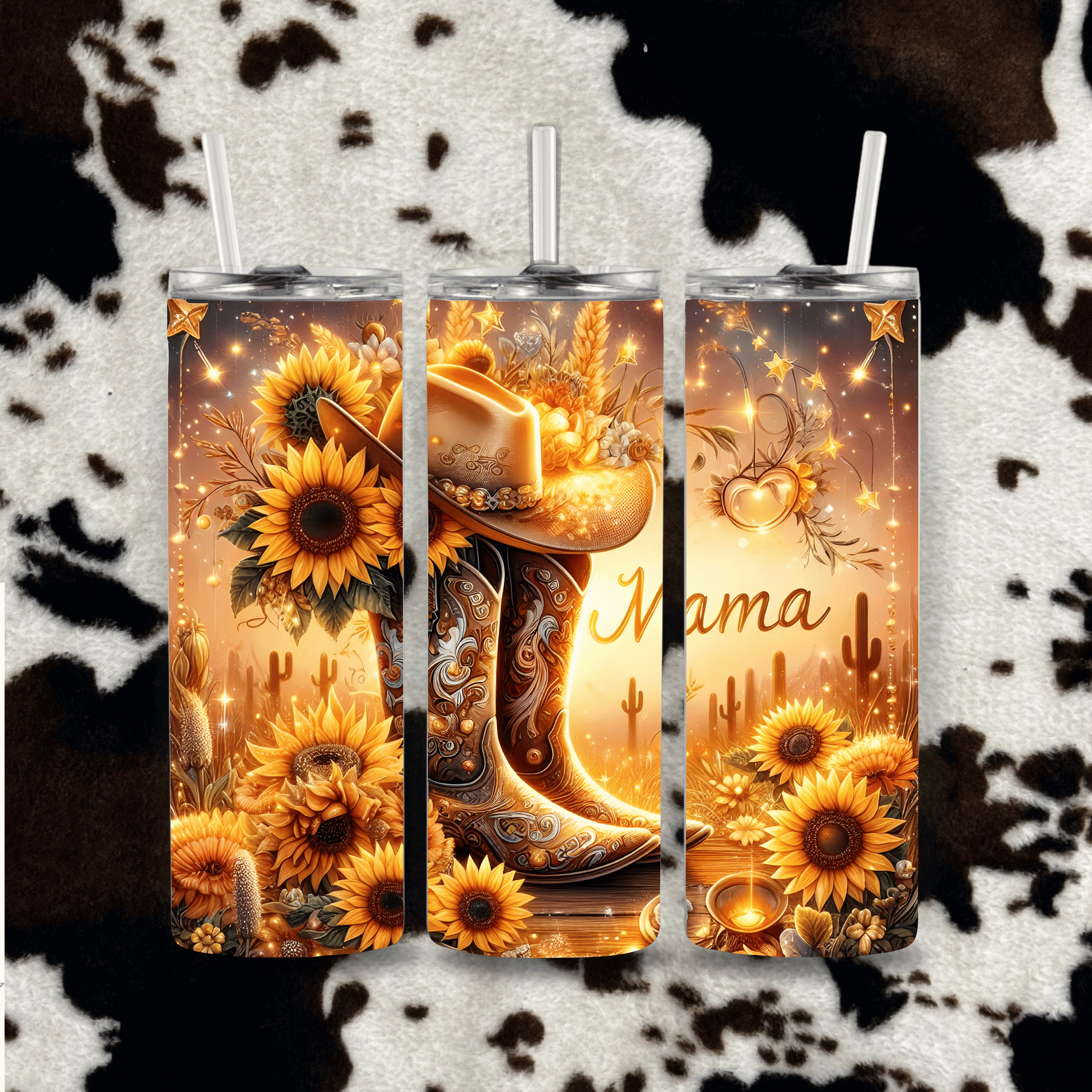 Sunflower cowboy boot mama tumbler golden western design cowhide mockup