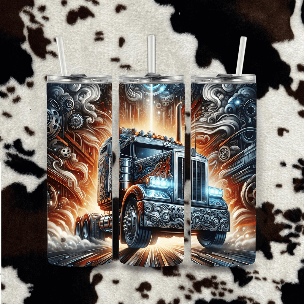 Semi truck tumbler chrome flame big rig design cowhide mockup