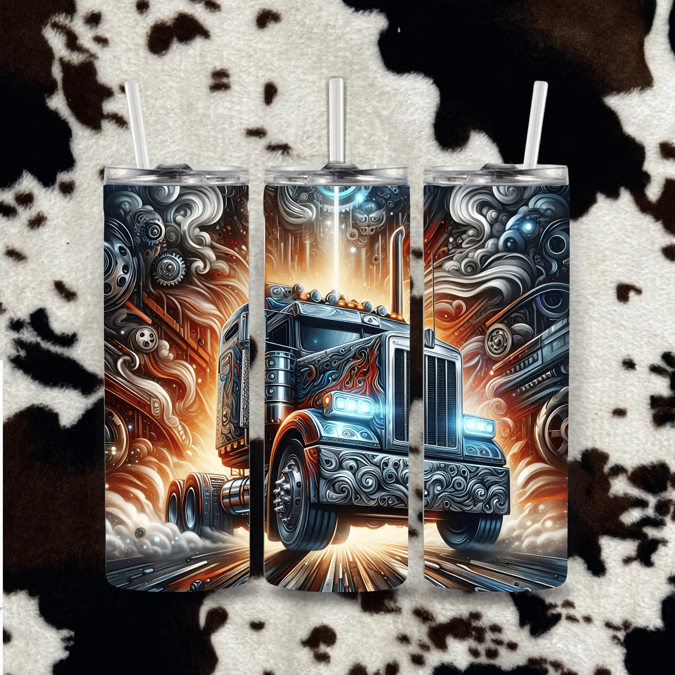 Semi truck tumbler chrome flame big rig design cowhide mockup