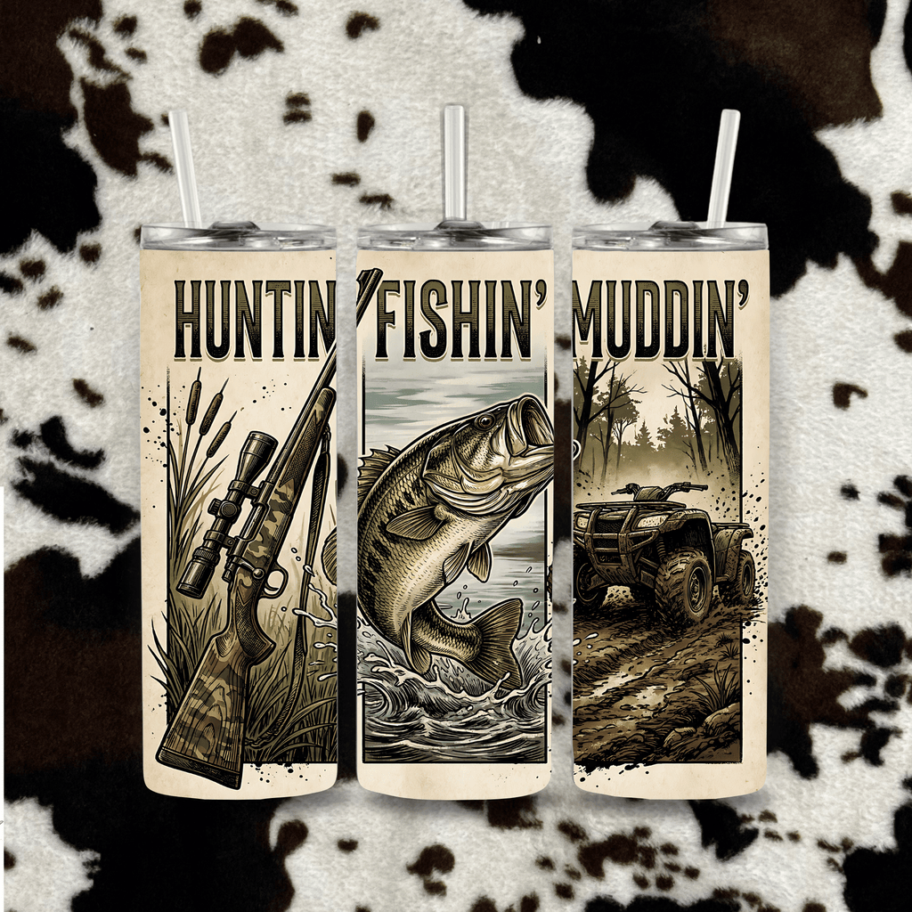 Huntin fishin muddin tumbler outdoor trifecta design cowhide mockup