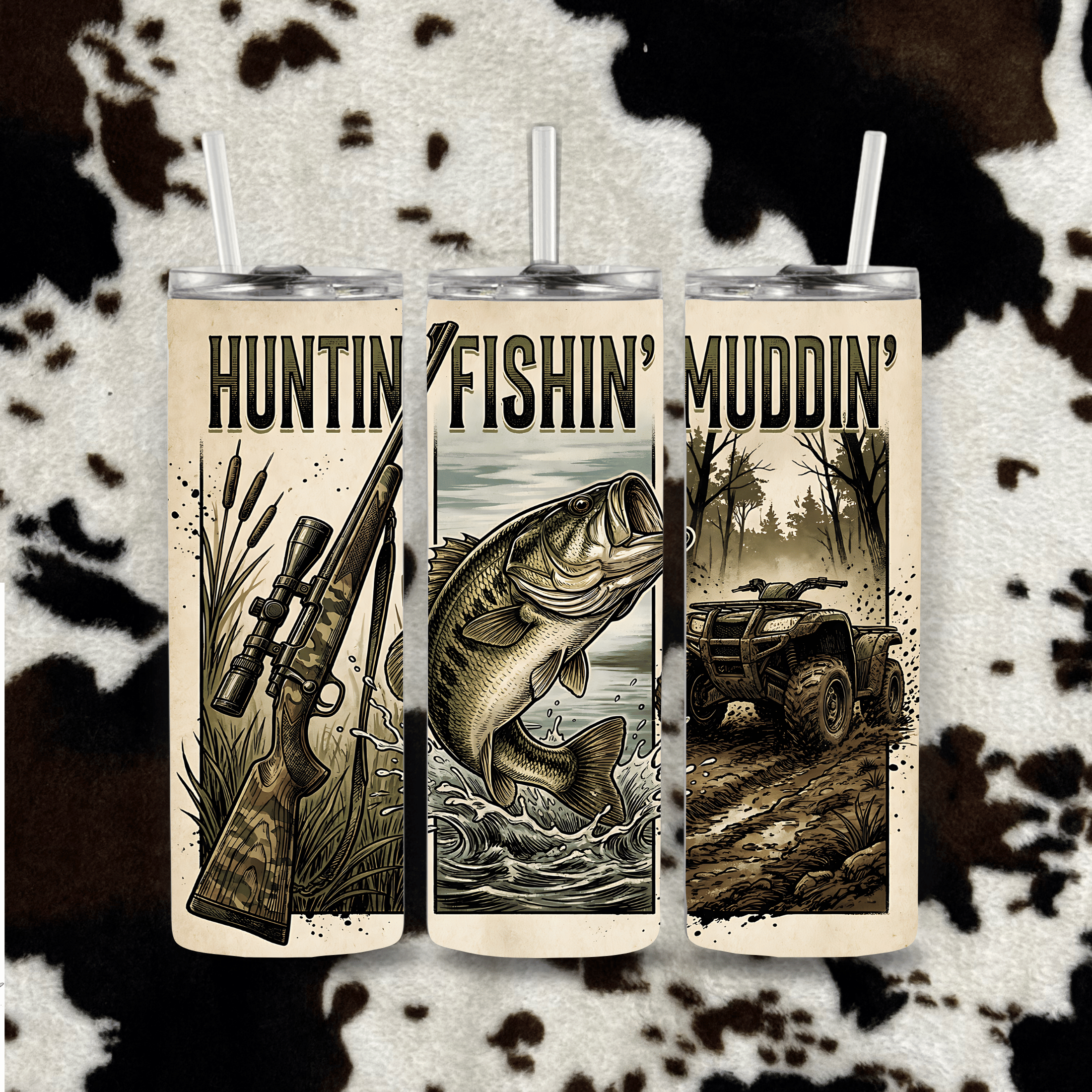 Huntin fishin muddin tumbler outdoor trifecta design cowhide mockup