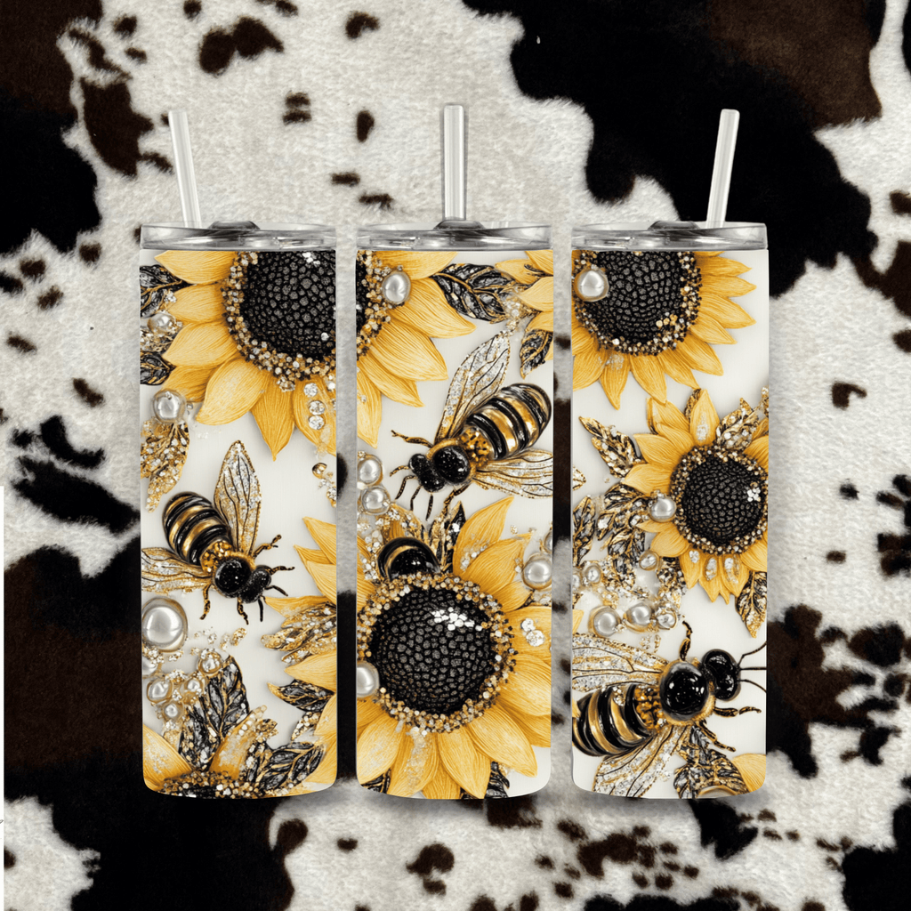 Sunflower bee tumbler gold glitter pearl design cowhide mockup