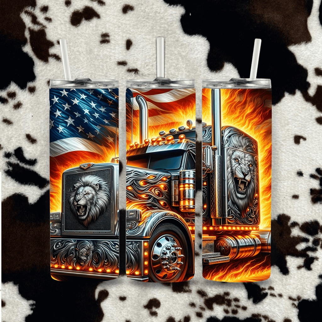 Patriotic semi truck lion tumbler American flag flame design cowhide mockup