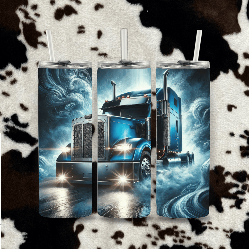 Blue storm semi truck tumbler night drive big rig design cowhide mockup