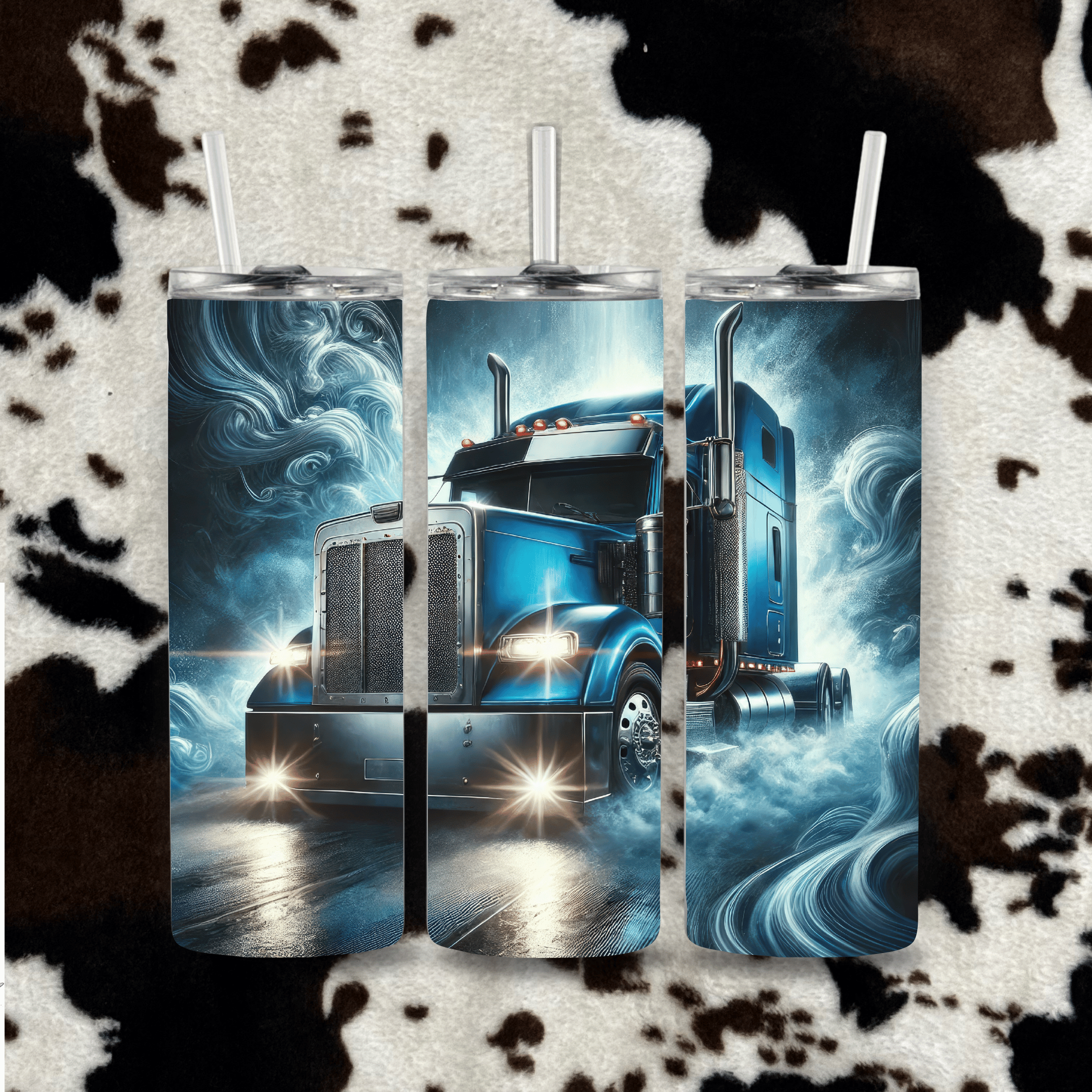 Blue storm semi truck tumbler night drive big rig design cowhide mockup