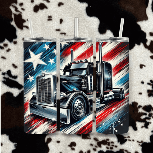 American flag semi truck tumbler black big rig patriotic design cowhide mockup