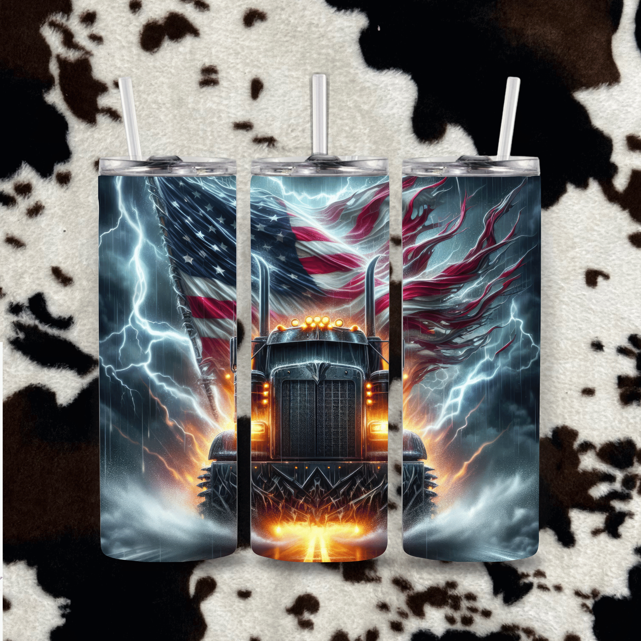 Lightning storm semi truck tumbler American flag big rig design cowhide mockup