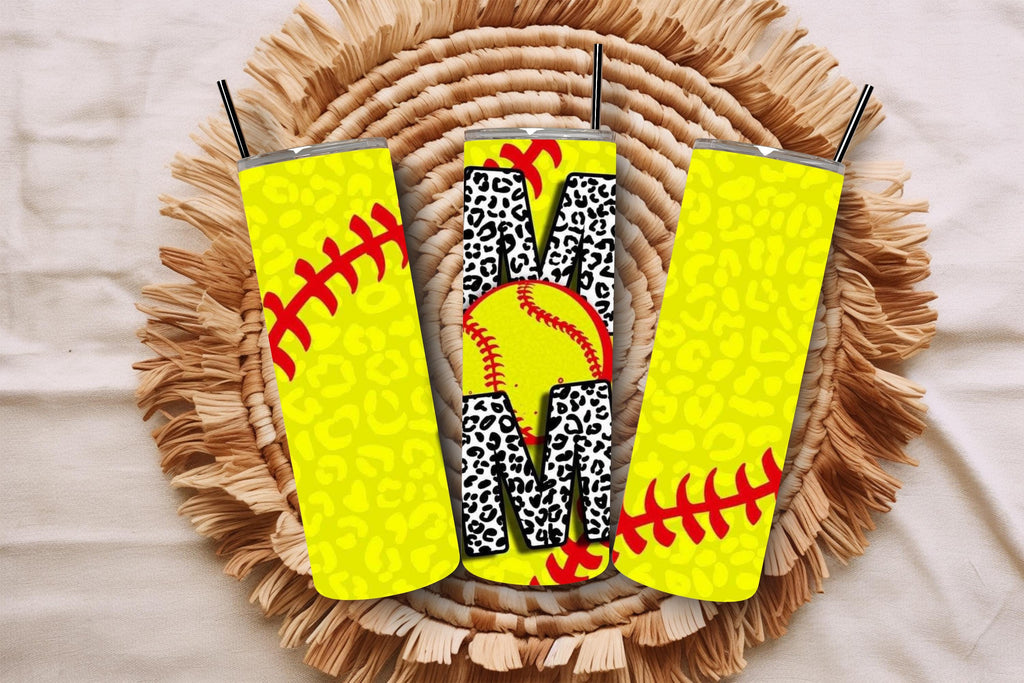 Gift for Softball Mom, 20oz Tumbler with Straw, Glitter Leopard Softball Design, Insulated Travel Mug, Sports Mom Gift