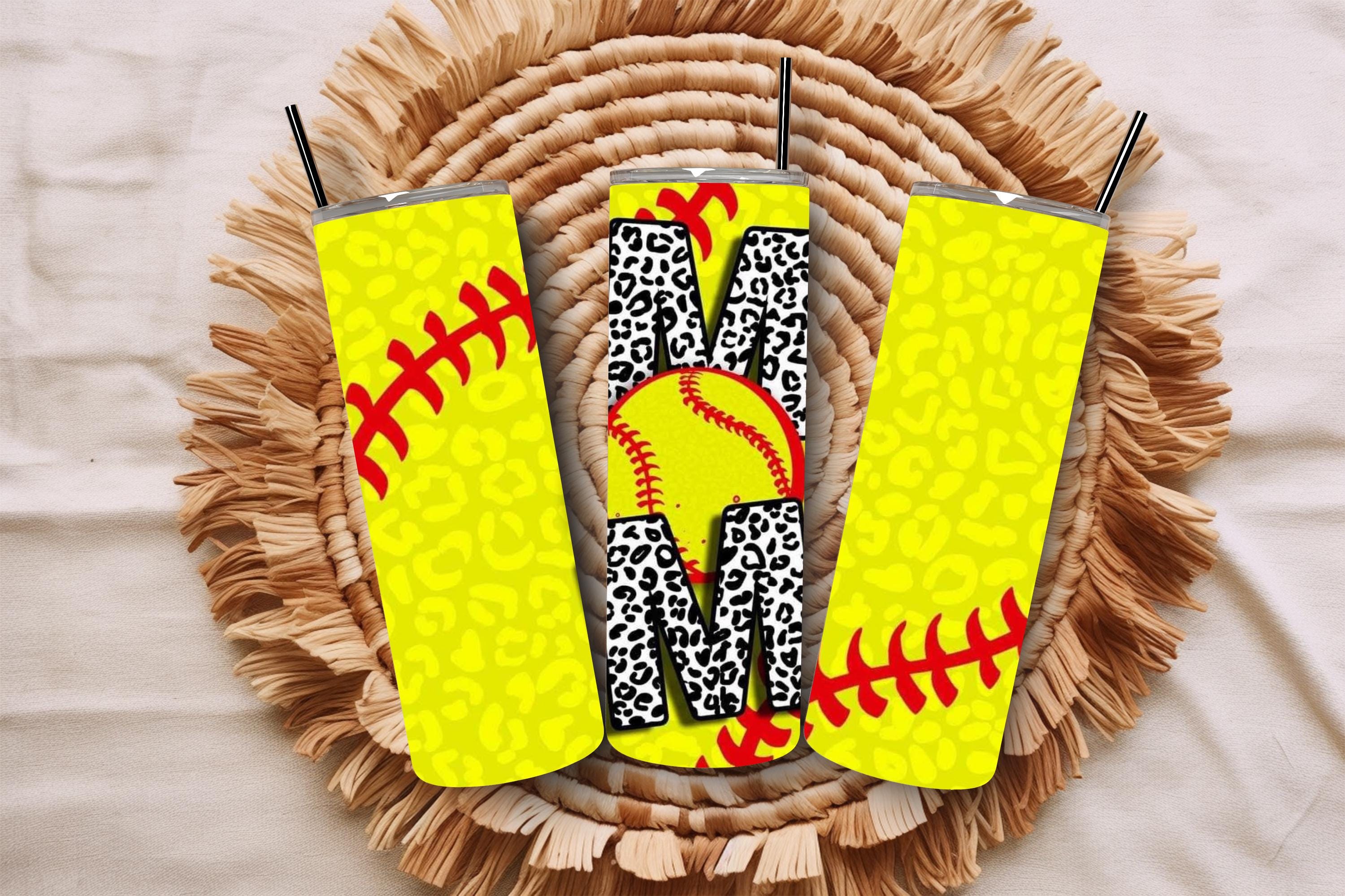 Gift for Softball Mom, 20oz Tumbler with Straw, Glitter Leopard Softball Design, Insulated Travel Mug, Sports Mom Gift