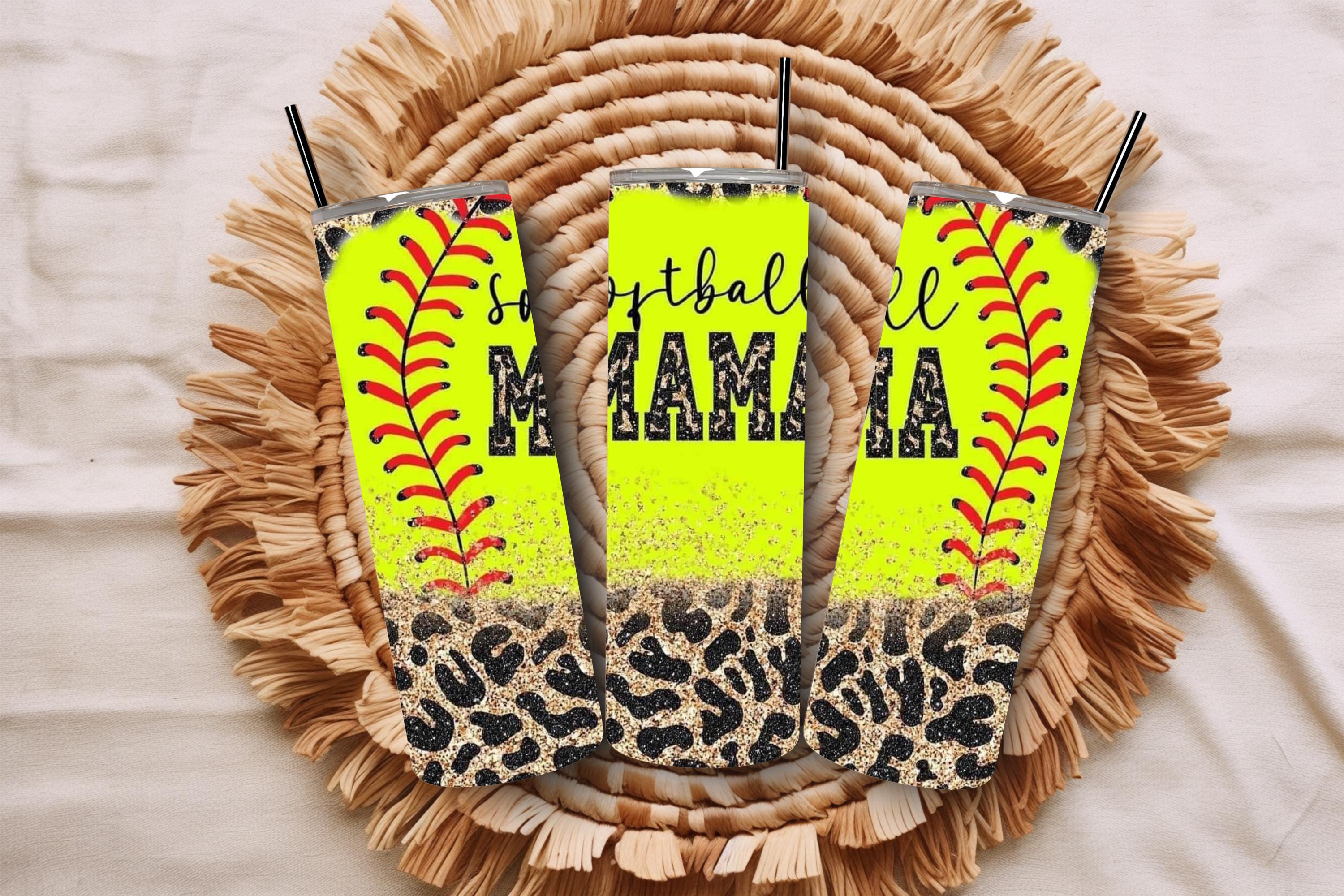 Gift for Softball Mom, 20oz Tumbler with Straw, Glitter Leopard Softball Design, Insulated Travel Mug, Sports Mom Gift
