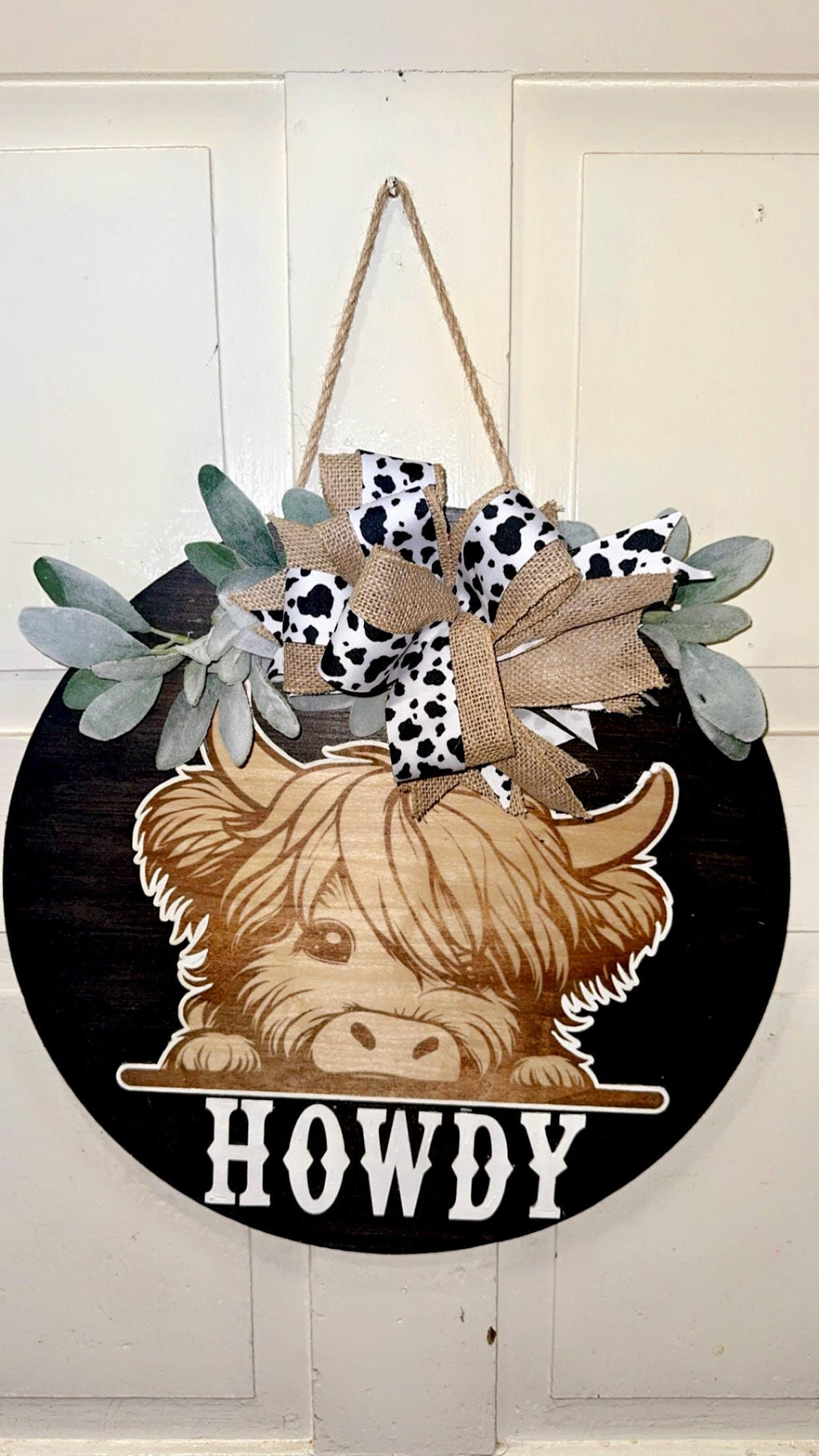 Highland cow door hanger/ cow lover/ front porch decor/ door sign/ cow print/ country door hanger/ highland/ door hanger/ custom welcome