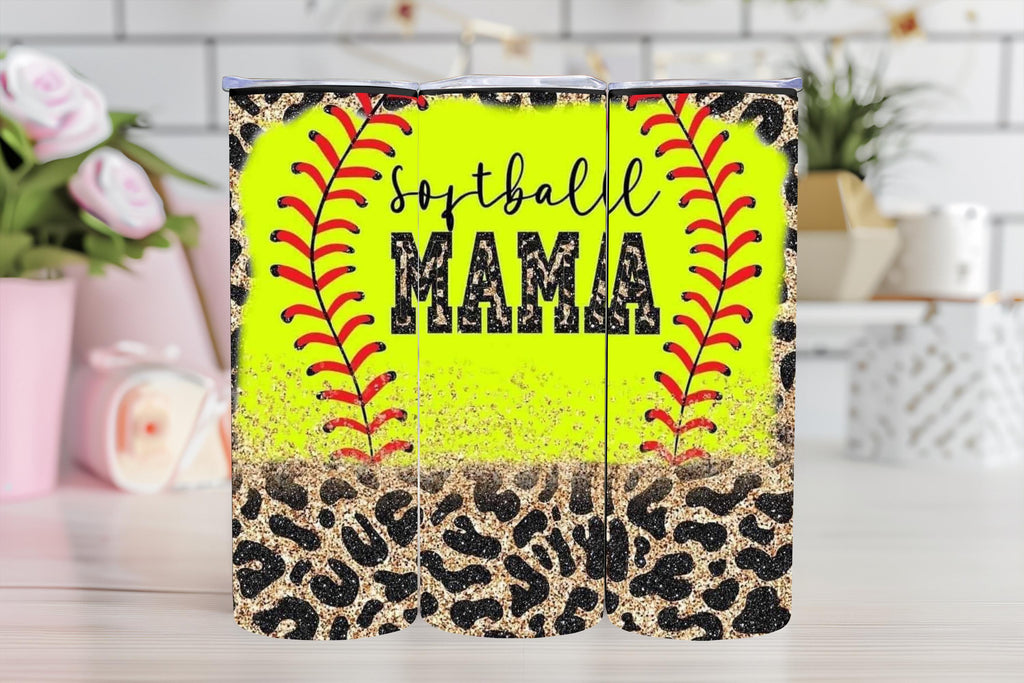 Gift for Softball Mom, 20oz Tumbler with Straw, Glitter Leopard Softball Design, Insulated Travel Mug, Sports Mom Gift