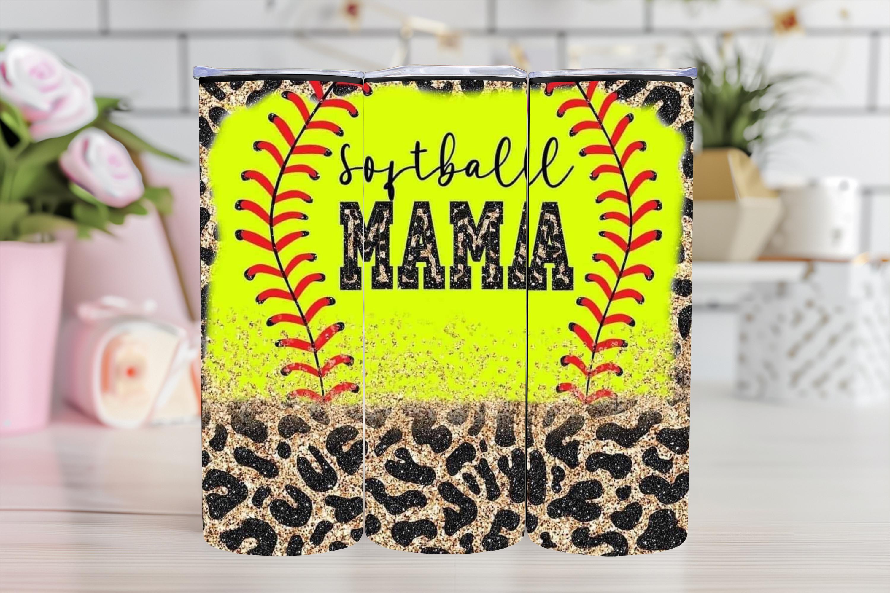 Gift for Softball Mom, 20oz Tumbler with Straw, Glitter Leopard Softball Design, Insulated Travel Mug, Sports Mom Gift