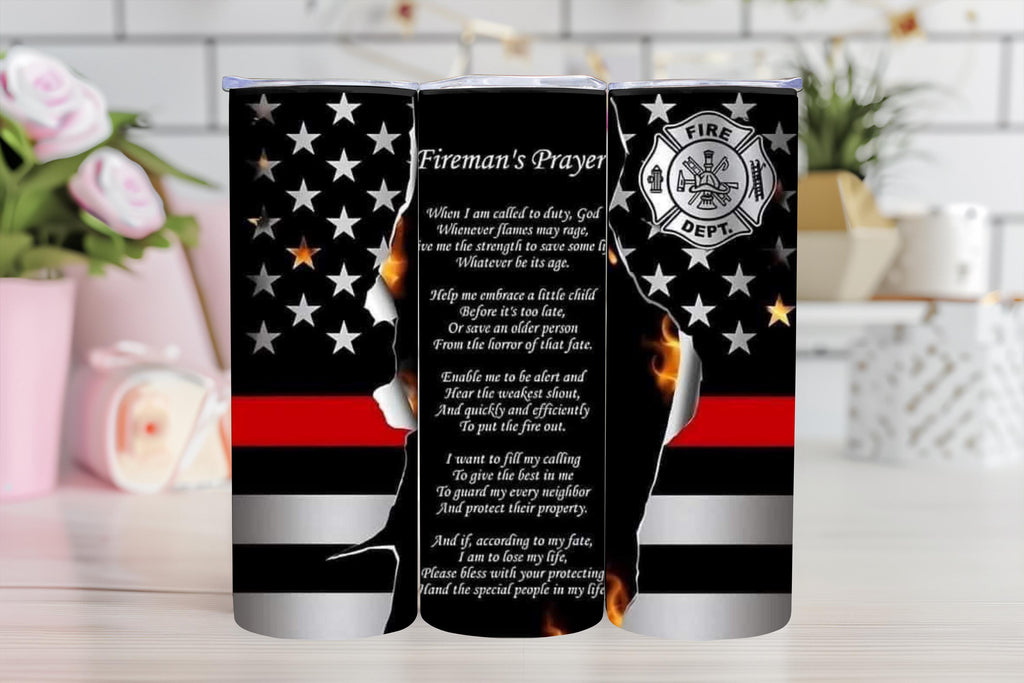 Fireman's Prayer Tumbler | Thin Red Line Tumbler | Fireman Appreciation Drinkware Cup