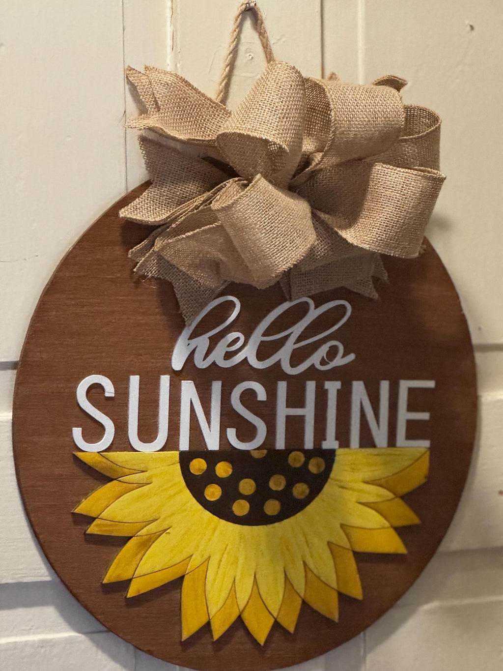 Hello Sunshine Sunflower Door Hanger | Rustic Burlap Bow | Farmhouse Summer Decor