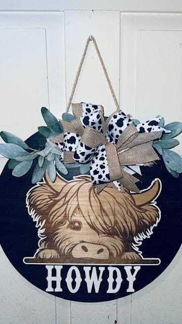 Highland cow door hanger/ cow lover/ front porch decor/ door sign/ cow print/ country door hanger/ highland/ door hanger/ custom welcome