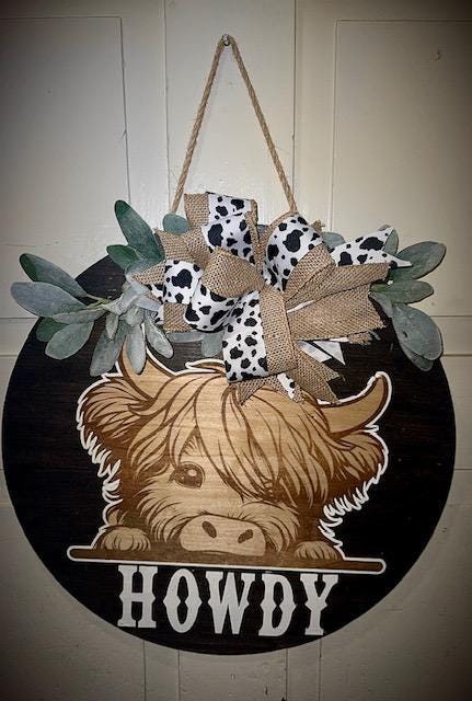 Highland cow door hanger/ cow lover/ front porch decor/ door sign/ cow print/ country door hanger/ highland/ door hanger/ custom welcome