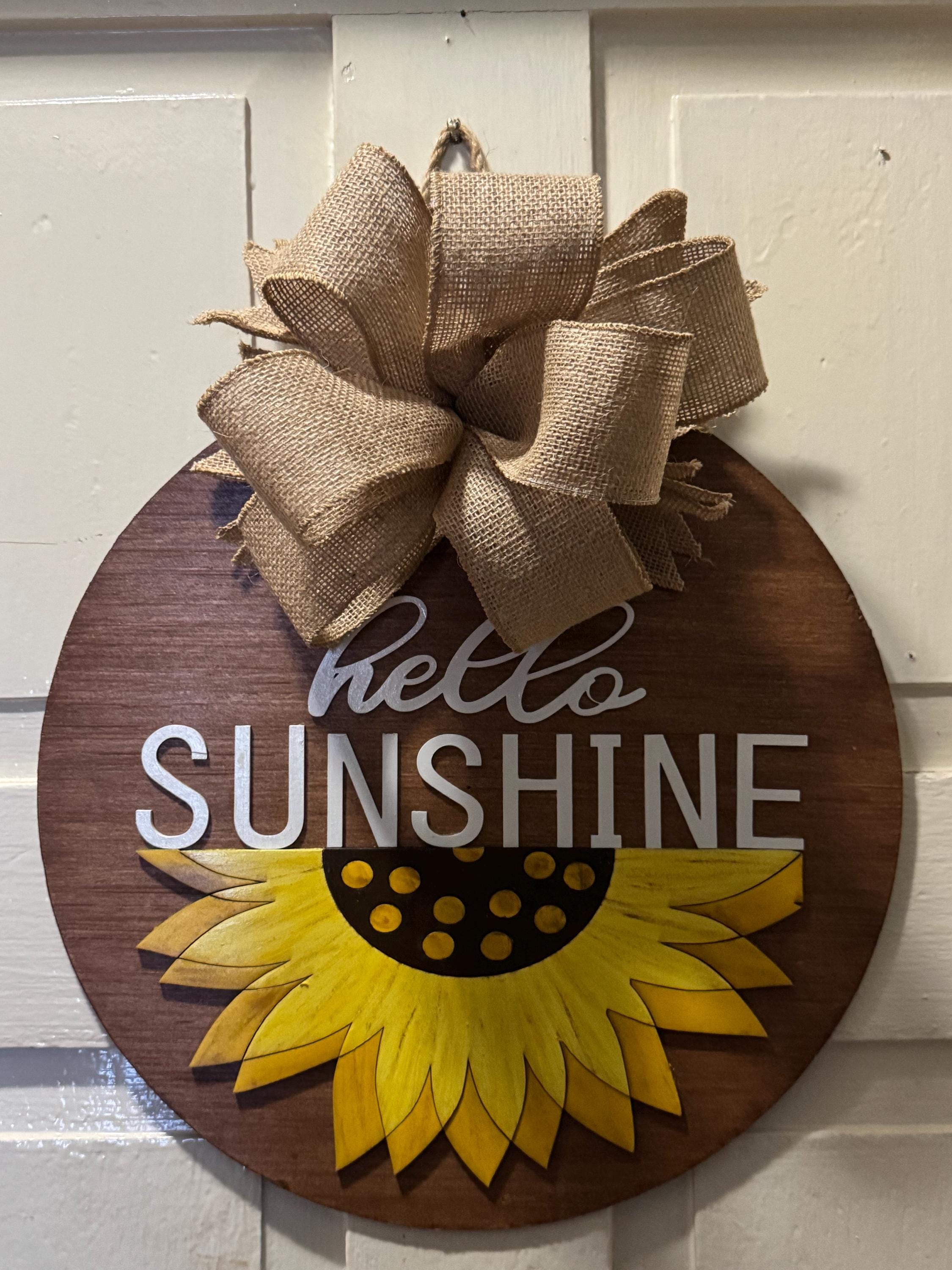 Hello Sunshine Sunflower Door Hanger | Rustic Burlap Bow | Farmhouse Summer Decor
