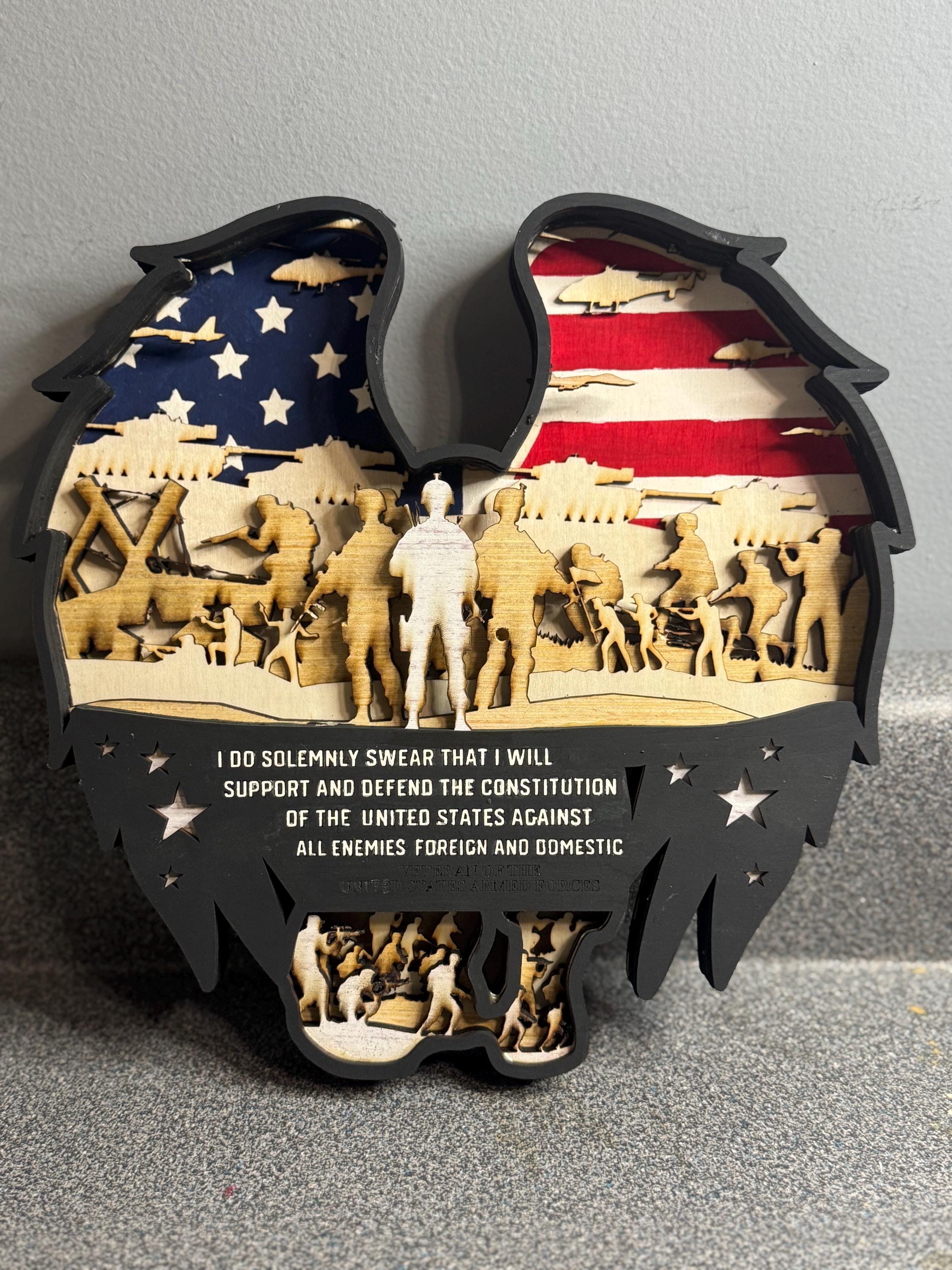 3D Military Tribute Wall Art | 7-Layer Patriotic Wood Sign | Veteran Gift | American Flag Decor | Army Navy Air Force Gift