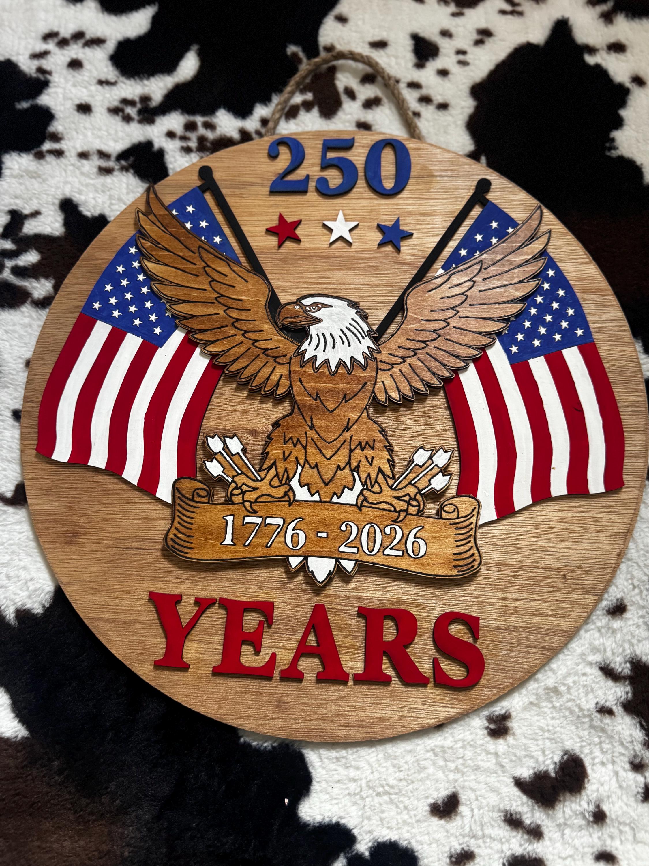 American 250 Door Hanger | Patriotic Eagle Wood Sign | 1776-2026 USA Decor | Fourth of July Front Door Sign | 15” Layered Wood