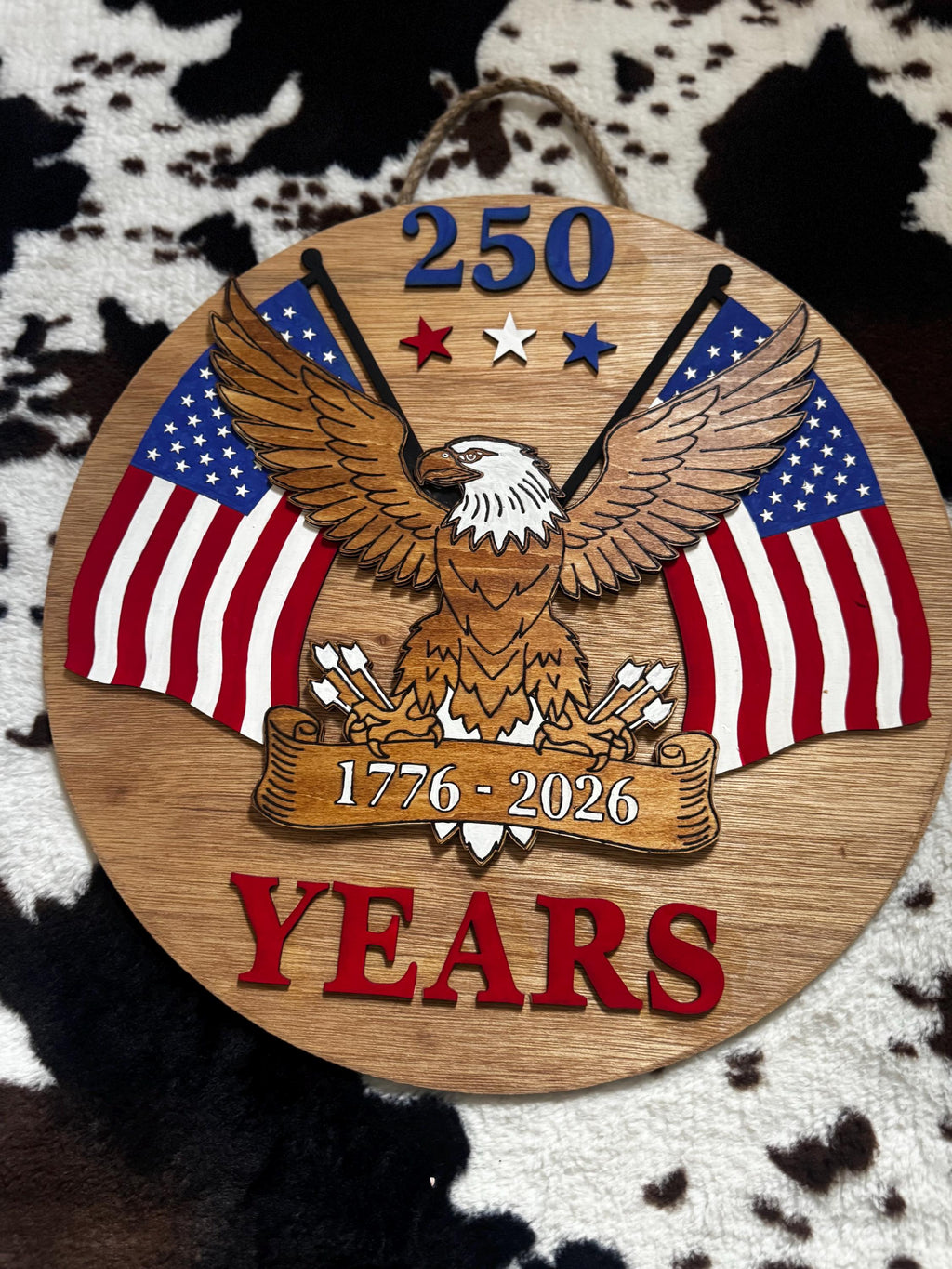 American 250 Door Hanger | Patriotic Eagle Wood Sign | 1776-2026 USA Decor | Fourth of July Front Door Sign | 15” Layered Wood