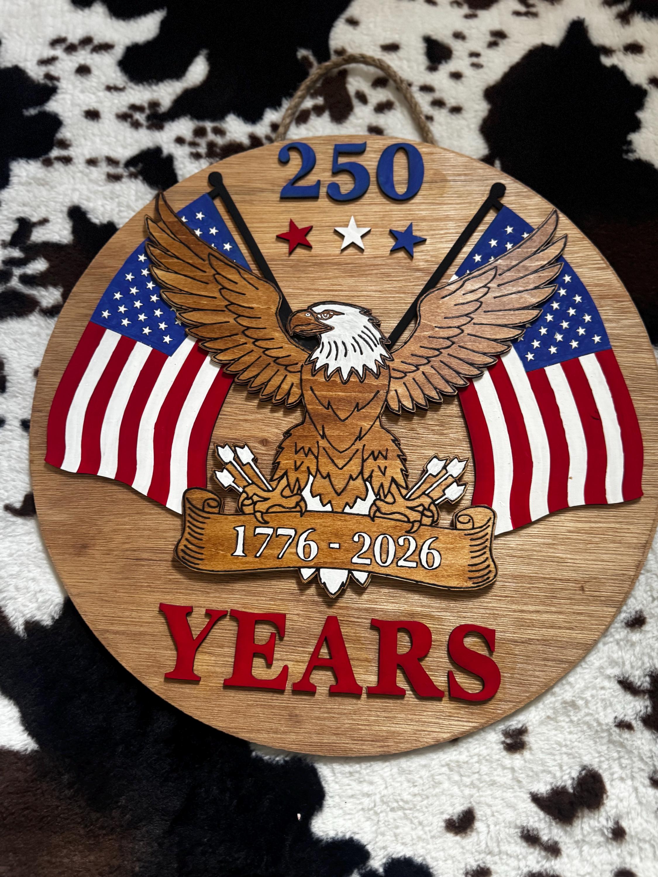 American 250 Door Hanger | Patriotic Eagle Wood Sign | 1776-2026 USA Decor | Fourth of July Front Door Sign | 15” Layered Wood