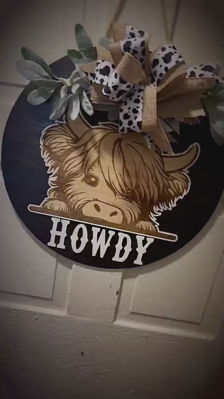Highland cow door hanger/ cow lover/ front porch decor/ door sign/ cow print/ country door hanger/ highland/ door hanger/ custom welcome