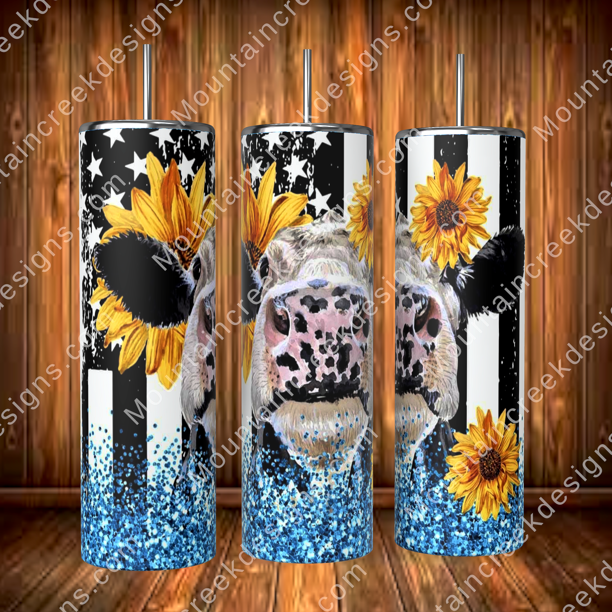 Sunflower cow tumbler, cow print, American flag cow, western style, stainless steel cup with straw, water bottle