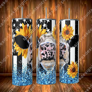 Sunflower cow tumbler, cow print, American flag cow, western style, stainless steel cup with straw, water bottle