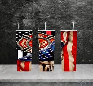 Red line flag with American flag fire fighter tumbler