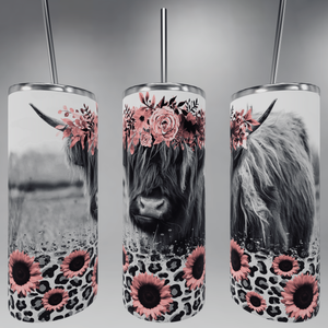 Pink flower highland cow tumbler