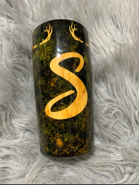 Camouflage with wood grain deer, antlers & initial